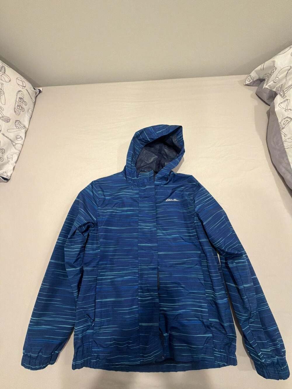 Eddie Bauer Rainfoil Jacket Size M (10/12) Blue Striped Hooded Windbreaker